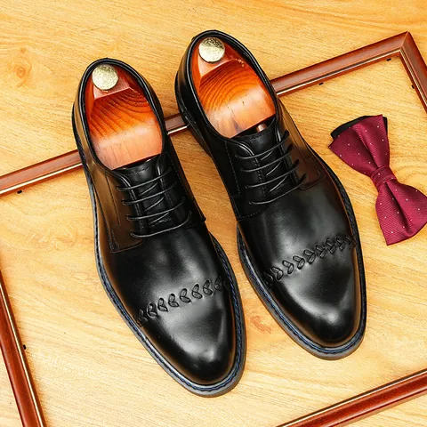 Men's Genuine Leather Pointed Toe Oxford Shoes British Style Business Formal Lace Up Wedding Shoes Plus Size