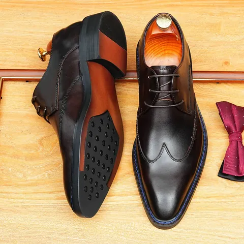 Herren Rindsleder Oxford Schuhe Business Formell Britisch Brogue Brüniert Spitz Zulaufende Hochzeit Anzugschuhe