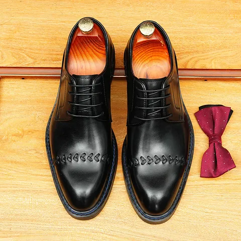 Men's Genuine Leather Pointed Toe Oxford Shoes British Style Business Formal Lace Up Wedding Shoes Plus Size