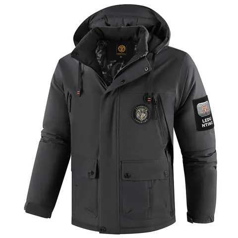 Men Casual Padded Jacket Polyester Thick Warm Outdoor Multi Pocket Hooded Loose Fashion Overcoat Winter Male Windproof Outerwear