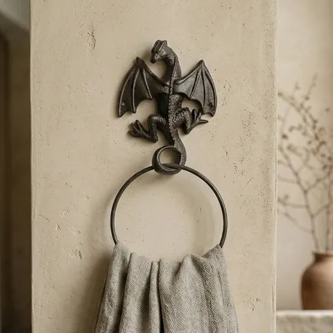 Vintage Cast Iron Dragon Wall Mounted Towel Ring Toilet Paper Holder Antique Metal Animal Sculpture Rack Decorative Home Bathroom Organizer