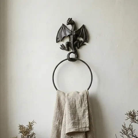 Vintage Cast Iron Dragon Wall Mounted Towel Ring Toilet Paper Holder Antique Metal Animal Sculpture Rack Decorative Home Bathroom Organizer