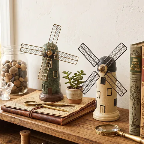 Vintage Windmill Money Box Resin Piggy Bank Retro Craft Ornament Distressed Finish Tabletop Figurine Home Office Decor Statues