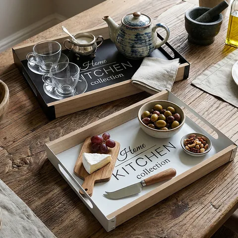 Modern Minimalist Wooden Iron Storage Tray With Cutout Handles Rectangular Decorative Serving Tray For Coffee Table Living Room Home Kitchen Organizer