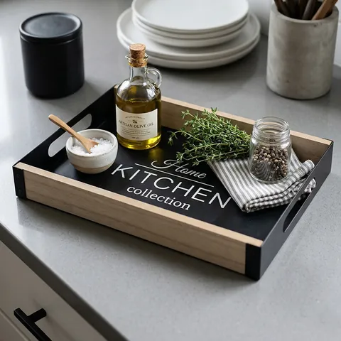 Modern Minimalist Wooden Iron Storage Tray With Cutout Handles Rectangular Decorative Serving Tray For Coffee Table Living Room Home Kitchen Organizer