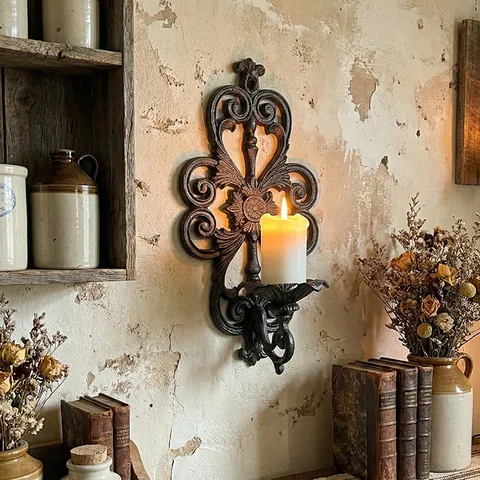 European Retro Cast Iron Hollow Wall Mounted Candle Holder Distressed Metal Sconce For Home Cafe Bar Wall Decor Aesthetic Ornament