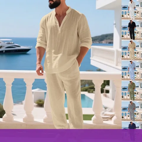 Heren Henley Overhemd En Broek Set Linnenmix Lange Mouwen Casual Amerikaans Vakantiestijl Huispak Bovenstuk En Onderstuk