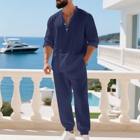 Men Casual Linen Henley Shirt Long Sleeve Top And Bottom Matching Outfits Solid Color Beach Vacation Loungewear