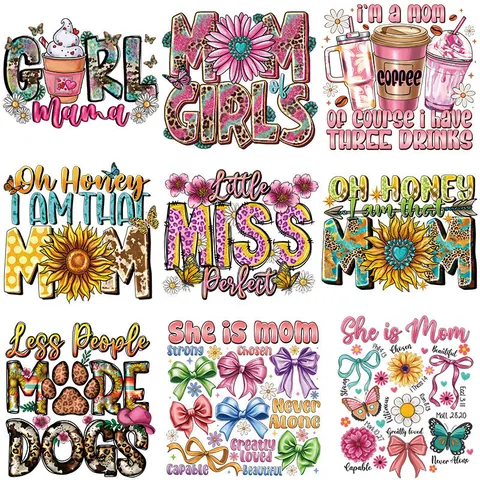 Mother's Day Heat Transfer Patches Washable Iron On Stickers For T-Shirts Leopard Mama Floral Lettering Heart Pattern DTF Transfers