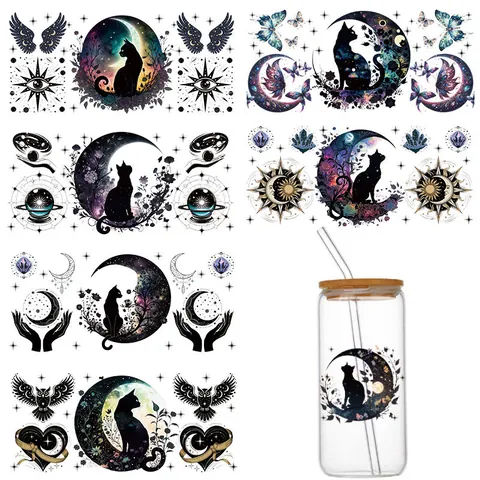 Mystic Black Cat Spirit Moon UV Transfer Sticker For 16oz Libbey Glass Can Waterproof DIY Decal Rub On Transfer For Crafting Decor