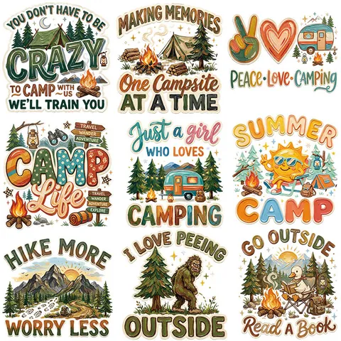 Vintage Camping Theme DTF Heat Transfer Patches Outdoor Adventure Washable Iron On Stickers For T-Shirts Bags DIY Decor