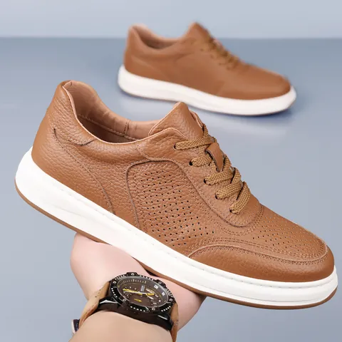 Heren Toplaag Rundleer Opengewerkte Ademende Casual Sandalen Zomer Britse Stijl Echt Leer Geperforeerde Business Platte Loafers