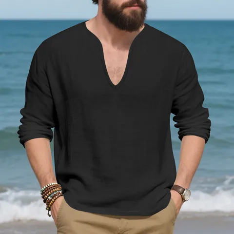 Men Linen T-Shirt Long Sleeve V-Neck Loose Casual Plus Size Pullover Top Comfortable Breathable Autumn Fashion Male Apparel