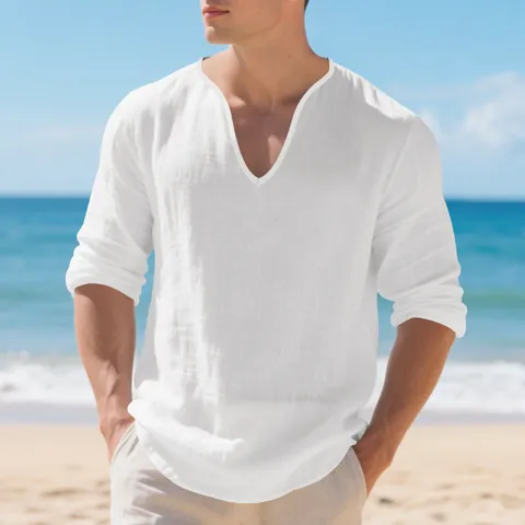 Men Linen Long Sleeve T-Shirt American Casual Deep V Neck Solid Color Loose Breathable Spring Autumn Fashion Top Base Shirt