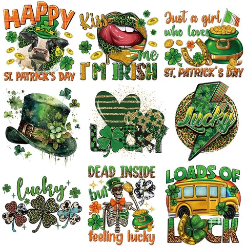St. Patrick's Day Heat Transfer Patches Lucky Shamrock Leopard Print Iron On Decals For T-Shirt Clothing DIY Irish Festive Decoration
