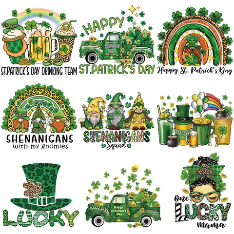 St. Patrick's Day Heat Transfer Patches DIY Washable Iron On Stickers Shamrock Gnome Truck Lucky Mama Appliques For Clothing