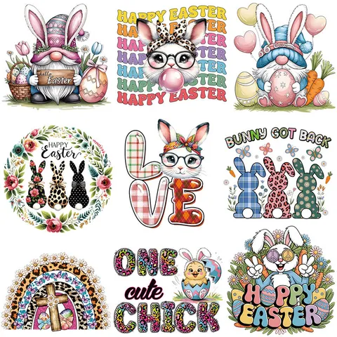 Easter Heat Transfer Decals Iron-On Patches Colorful Bunny Egg Chick Patterns For Clothing T-Shirt DIY Decoration Washable Heat Transfer Sticker