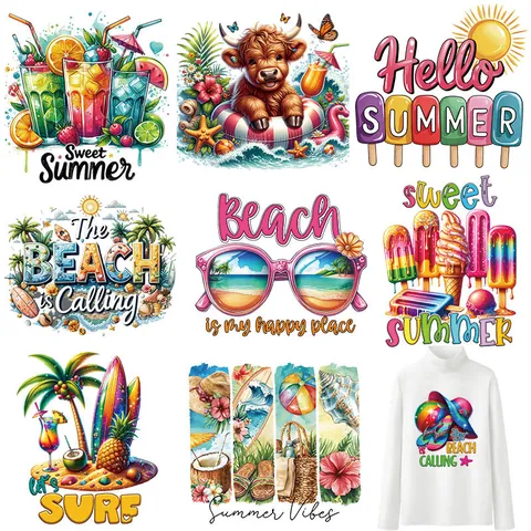 Patch de Transfert Thermique Crème Glacée d'Été DIY Vêtements Lavable DTF Transfert Thème Vacances à la Plage Impression Offset Appliqué