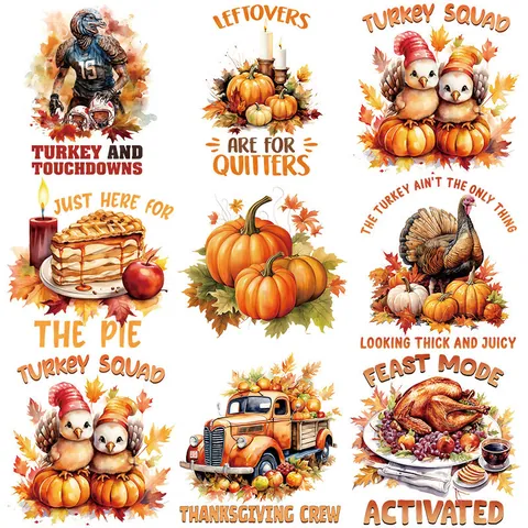 Thanksgiving Heat Transfer Stickers Watercolor Turkey Pumpkin DTF Patches For T-Shirts Bags Clothing DIY Holiday Decor