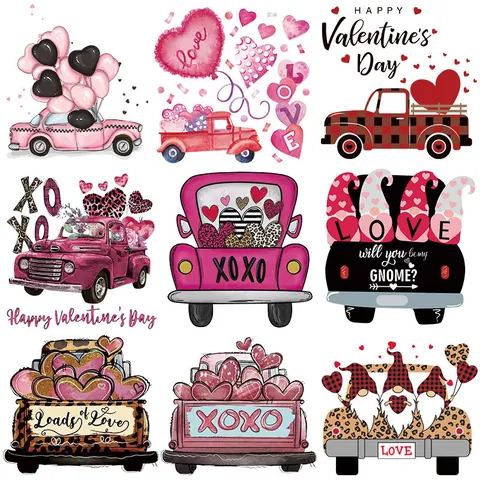 Parches de Transferencia de Calor San Valentín Pegatinas para Planchar Corazón Camión Gnomos para Decoración DIY Ropa Bolsa