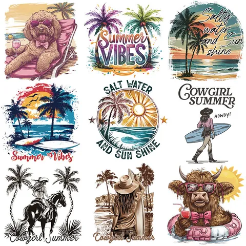 Summer Seaside Heat Transfer Patches For Clothes Highland Cow Cowgirl Palm Tree Sunset Washable Iron On Stickers For DIY T-Shirt Decor