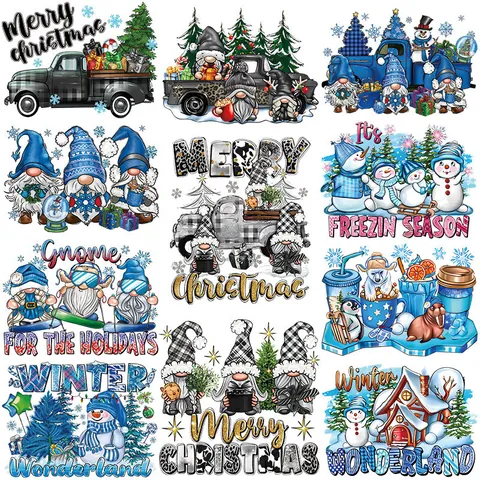 Washable Christmas Heat Transfer Patches Cartoon Gnome Snowman Iron On Decals DIY Clothing Accessories Winter Holiday Thermal Stickers