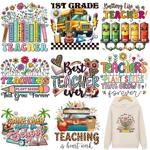 Teacher's Day Back To School Heat Transfer Patches For Clothing DIY Washable Iron On Decals School Bus Teacher Life Alphabet Printing Patches