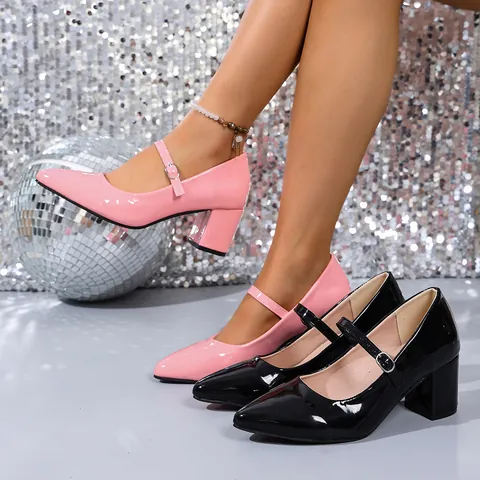 Women Retro Pointed Toe Mary Jane Dance Shoes Chunky Mid Heel Patent PU Leather Ballroom Square Dance Performance Shoes