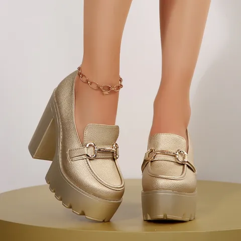 Women Fashion Platform Chunky High Heel Shoes Round Toe Metal Buckle Thick Sole Comfortable Loafers Plus Size Single Pumps
