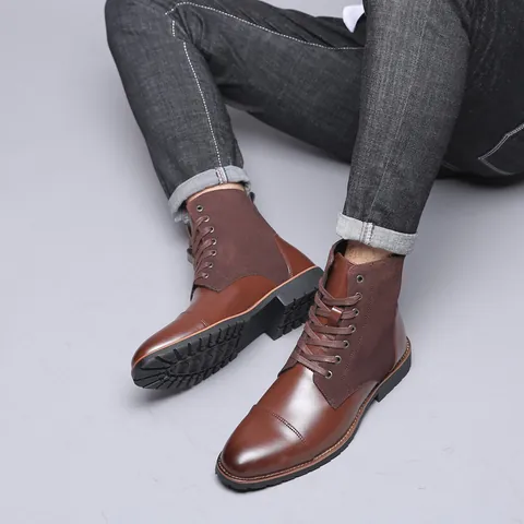 Men Casual Martin Boots Artificial PU Suede Patchwork Plus Velvet Warm High Top Winter Non Slip Lace Up Fashion Leather Boots