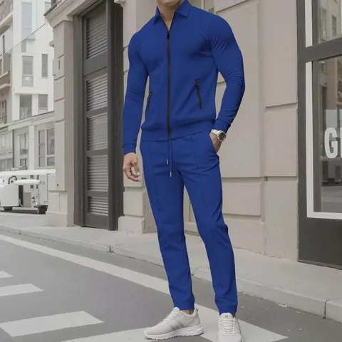 Men's Casual Tracksuit Top And Bottom Polyester Waffle Texture Zip Up Jacket And Drawstring Pants Outdoor Sportswear Top And Bottom