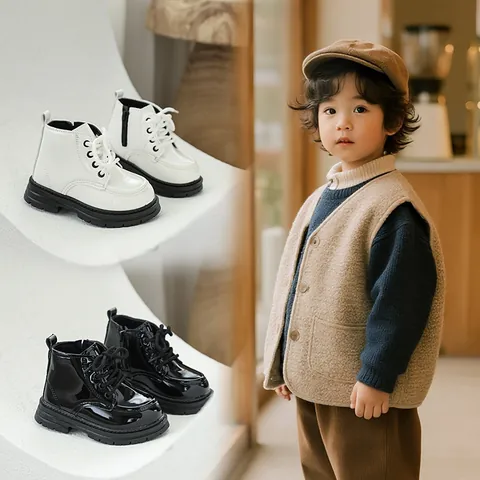 Kids Martin Boots Soft Sole Anti Slip Patent Leather Side Zipper Lace Up Short Boots For Toddler Boys Girls Casual Shoes