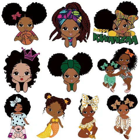 Afro Girl Heat Transfer Patches For DIY Clothing Cartoon Iron On Stickers Heat Transfer Graphics For Kids Women T-Shirt