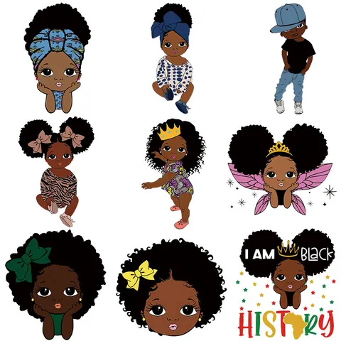 Afro Girl Heat Transfer Patches For DIY Clothing Cartoon Iron On Stickers Heat Transfer Graphics For Kids Women T-Shirt