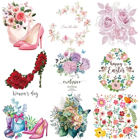 Flower High Heel Heat Transfer Patches For Clothing Iron On Stickers Washable DIY Fashion Watercolor Floral Applique For Bag T-Shirt Decor