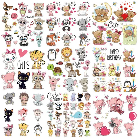 Cartoon Animal Flower Heat Transfer Stickers Iron On Patches For Kids Clothing T-Shirt DIY Washable Applique Decor