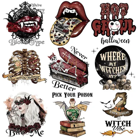 Halloween Patches de Transfert Thermique Gothique Crâne Lèvres de Vampire Autocollants à Repasser pour Vêtements Décoration DIY