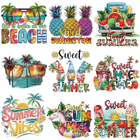 Summer Vibes Heat Transfer Patches DIY Washable DTF Iron On Stickers For Clothing T-Shirt Beach Watermelon Pineapple Theme Patches