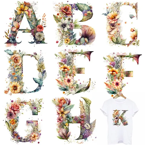 Watercolor Floral Alphabet Heat Transfer Patches A-Z Letter Iron On Stickers For Clothing Bags DIY Apparel Decoration