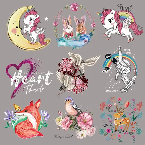 DIY Heat Transfer Patches Cartoon Unicorn Floral Animal Iron On Stickers For Clothing T-Shirt Washable Offset Printing Applique