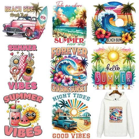 Nautical Surfing Summer Vibes Heat Transfer Stickers Retro Beach Life Iron-on Patches Washable Offset Print Appliques For Clothing T-Shirts DIY