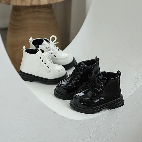 Kids Martin Boots Soft Sole Anti Slip Patent Leather Side Zipper Lace Up Short Boots For Toddler Boys Girls Casual Shoes
