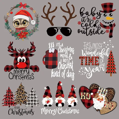 Christmas Heat Transfer Patch Iron On Sticker For Clothing DIY Printing Santa Reindeer Gnome Pattern Apparel Decoration Accessories