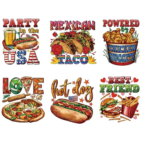 Toppe Termoadesive Tema Cibo Lavabili Per Vestiti Pizza Burger Hot Dog Taco Decorazione Tessuto Fai Da Te