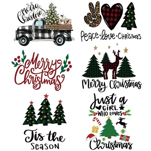 Patchs de Transfert Thermique Merry Christmas pour Vêtements DIY Film PET Camion à Carreaux Sapins pour T-Shirts Vestes