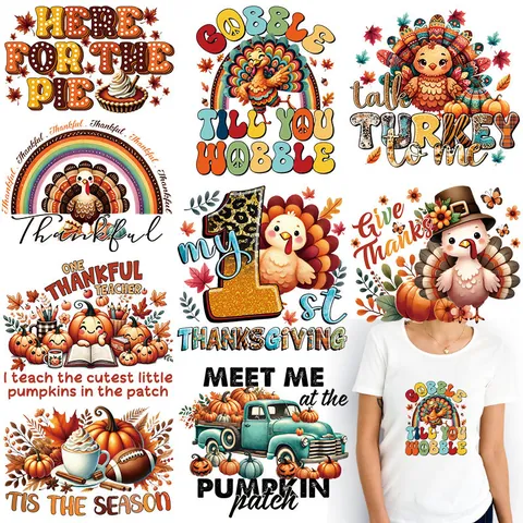 Thanksgiving Turkey Pumpkin Heat Transfer Patches Autumn Fall Iron On Stickers For Clothing DIY PET Film Offset Printing Label