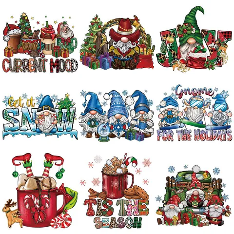Christmas Gnome Heat Transfer Decals Iron On Patches For Clothing T-Shirt DIY Festive Offset Printing Applique Sticker