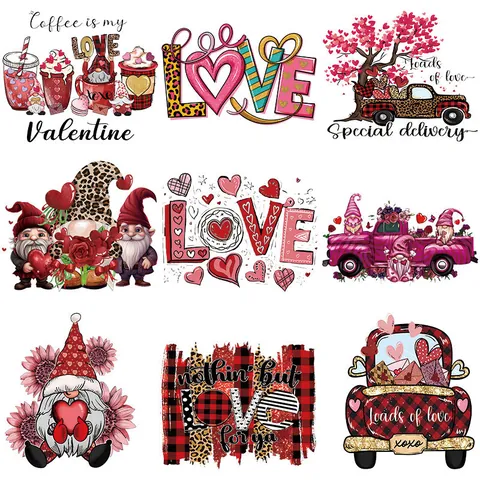 Parches de Vinilo de Transferencia de Calor de San Valentín Para Ropa DIY Corazón Gnomos Camión Estampado Leopardo