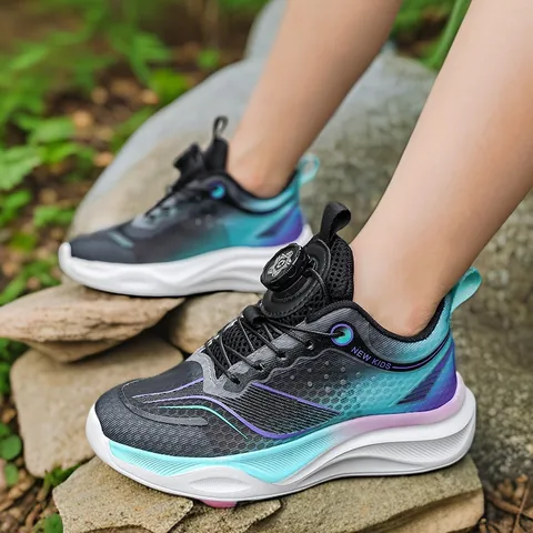 Boys Running Shoes Kids Mesh Breathable Sneakers Rotary Buckle Casual Athletic Gradient Color Student Sports Footwear Spring Autumn