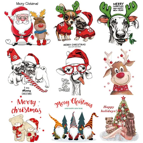 Weihnachten Cartoon Wärmeübertragung Patches Für Kleidung Kunststoff PET Folie Weihnachtsmann Rentier Gnom Bedruckte DIY Aufkleber